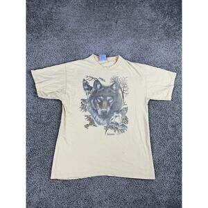 Vintage Safon Shirt Mens Large Beige Wolf Graphic Cauterets France Nature 90s